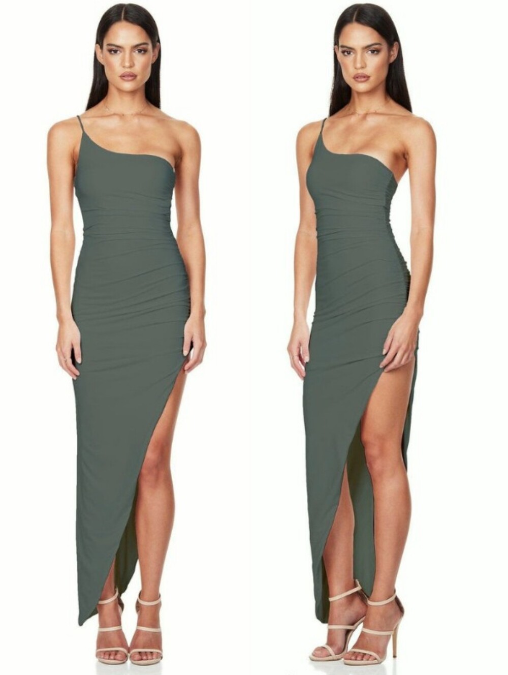 NEW Nookie Aria Khaki Green One Shoulder Gown Ruched Maxi Dress Size M